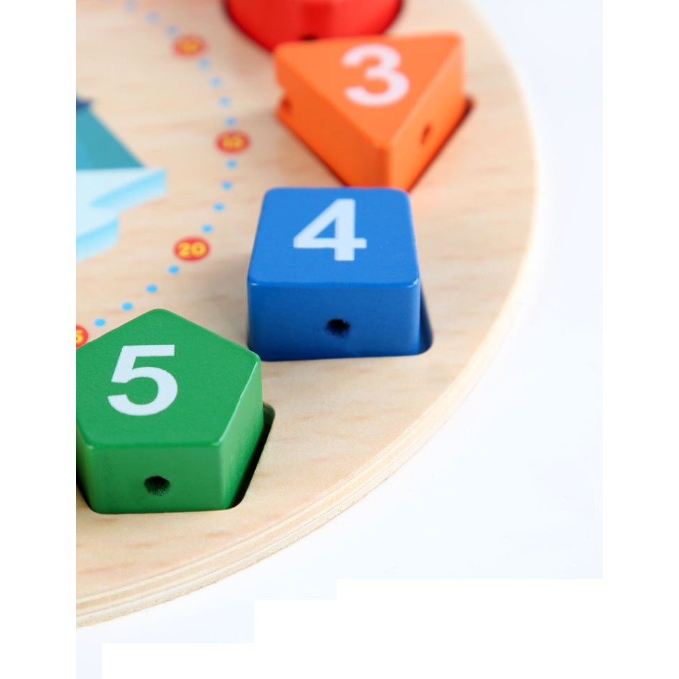 Jucarie Educativa Berbis, Tip Montessori, Model Ceas Pinguin, din Lemn, + 36 Luni, 12 Piese, 17.2 cm, Multicolor