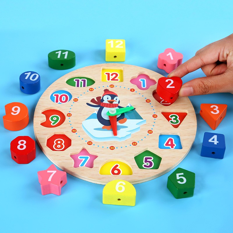 Jucarie Educativa Berbis, Tip Montessori, Model Ceas Pinguin, din Lemn, + 36 Luni, 12 Piese, 17.2 cm, Multicolor