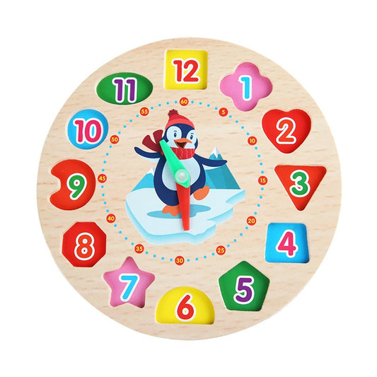 Jucarie Educativa Berbis, Tip Montessori, Model Ceas Pinguin, din Lemn, + 36 Luni, 12 Piese, 17.2 cm, Multicolor
