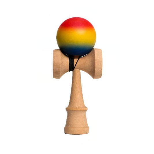Kendama X Berbis – Jucarie Interactiva din Lemn, 18 cm, Joc de Indemanare pentru Copii si Adulti, Model 2 Rosu-Galben-Albastru in Degrade
