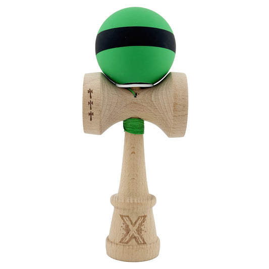 Kendama X Originala, Model V3 Verde / Negru / Verde, Profesionala, Cupe Mari King Size, Rubber Grip, Gaura in Baza, Rulment, Ata 62cm