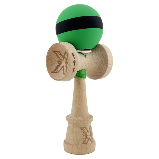 Kendama X Originala, Model V3 Verde / Negru / Verde, Profesionala, Cupe Mari King Size, Rubber Grip, Gaura in Baza, Rulment, Ata 62cm
