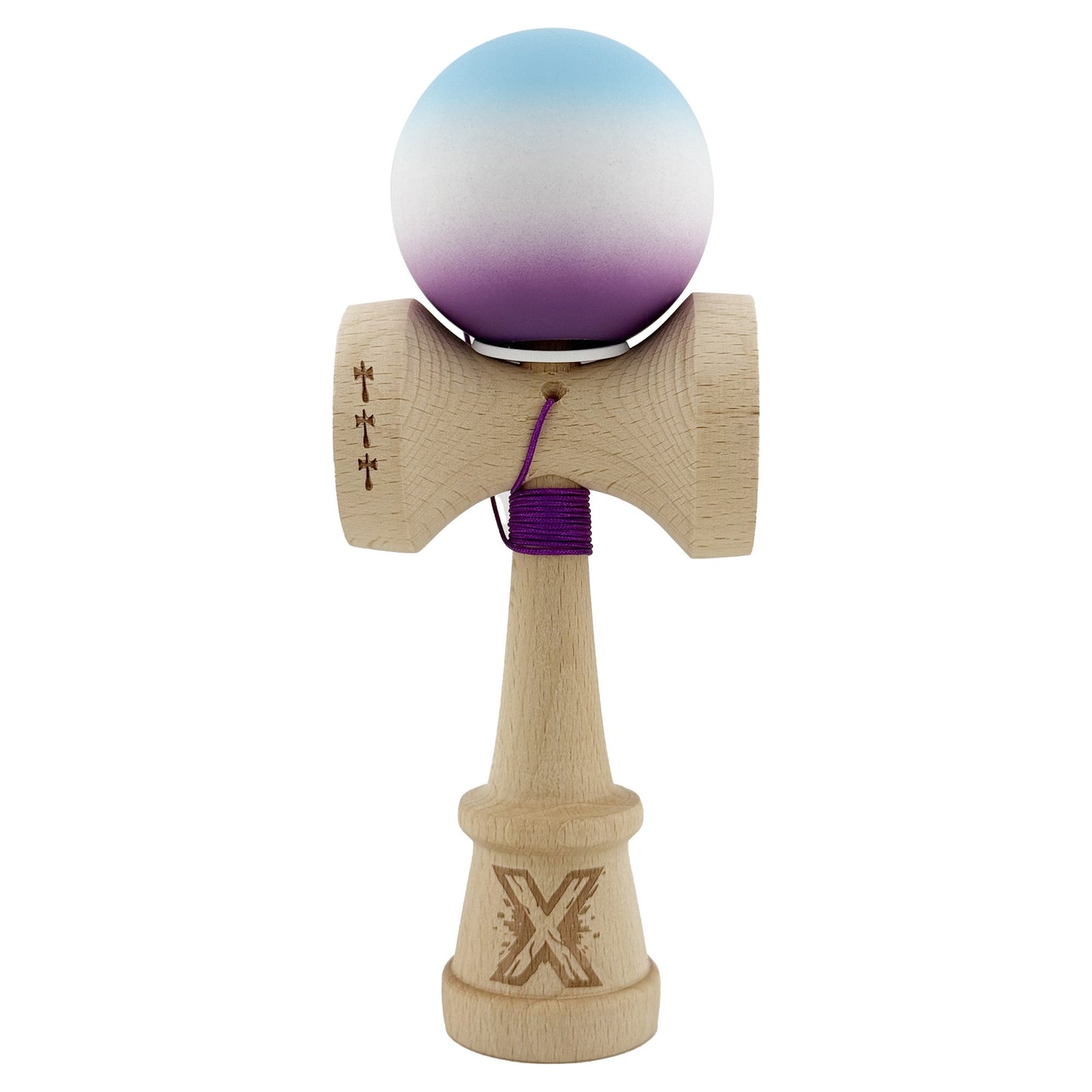 Kendama X Originala, Model V3 Albastru Deschis / Alb / Mov in Degrade, Profesionala, Cupe Mari King Size, Rubber Grip, Gaura in Baza, Rulment, Ata 62cm