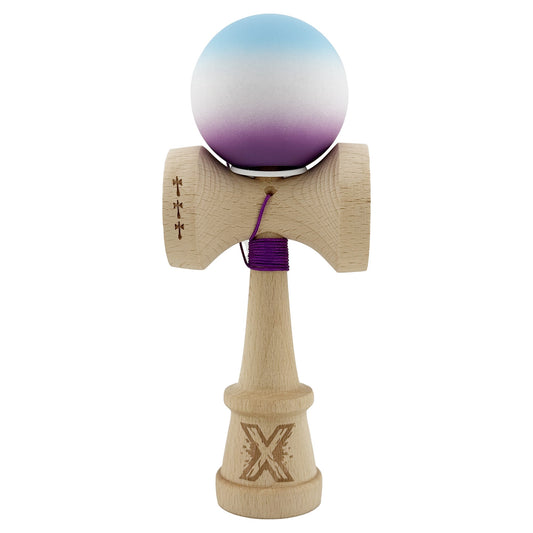 Kendama X Originala, Model V3 Albastru Deschis / Alb / Mov in Degrade, Profesionala, Cupe Mari King Size, Rubber Grip, Gaura in Baza, Rulment, Ata 62cm
