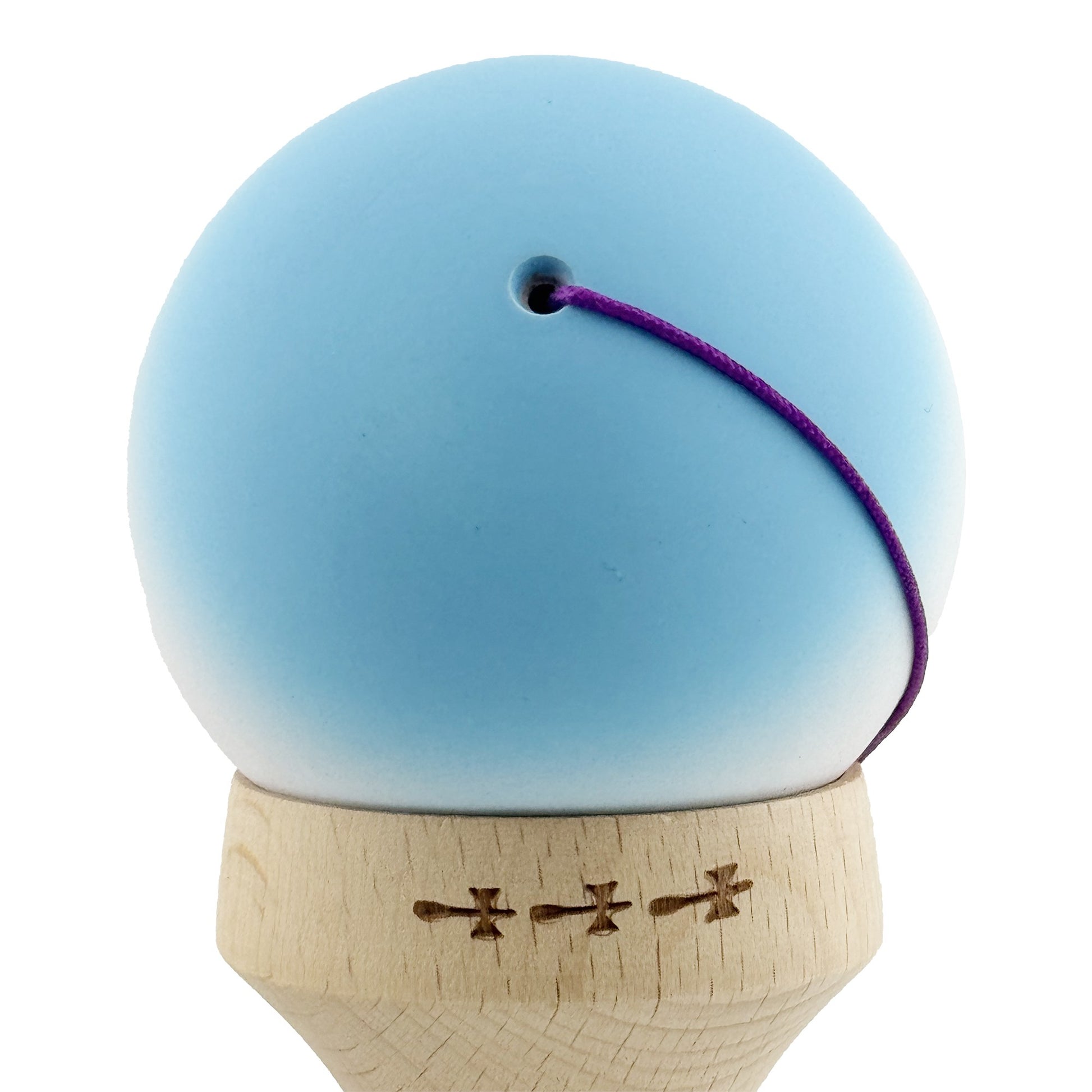 Kendama X Originala, Model V3 Albastru Deschis / Alb / Mov in Degrade, Profesionala, Cupe Mari King Size, Rubber Grip, Gaura in Baza, Rulment, Ata 62cm