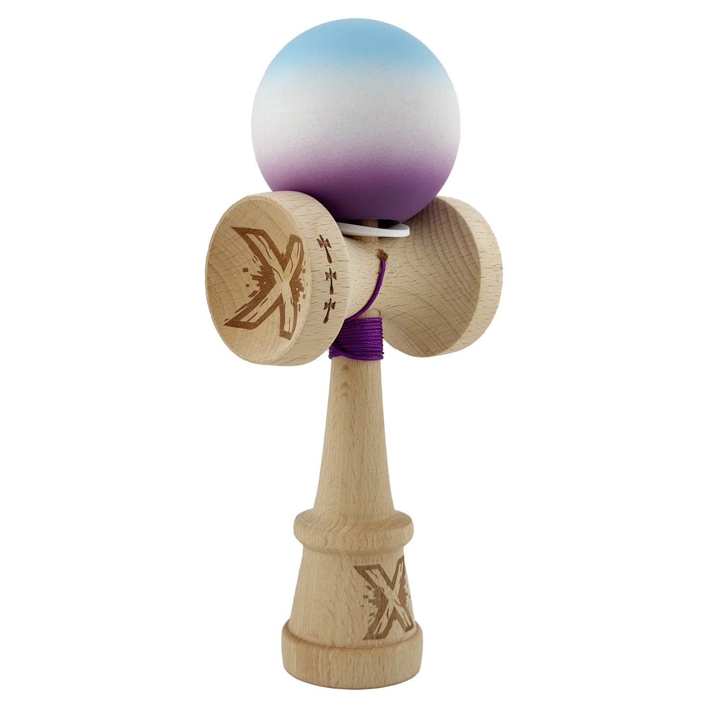 Kendama X Originala, Model V3 Albastru Deschis / Alb / Mov in Degrade, Profesionala, Cupe Mari King Size, Rubber Grip, Gaura in Baza, Rulment, Ata 62cm