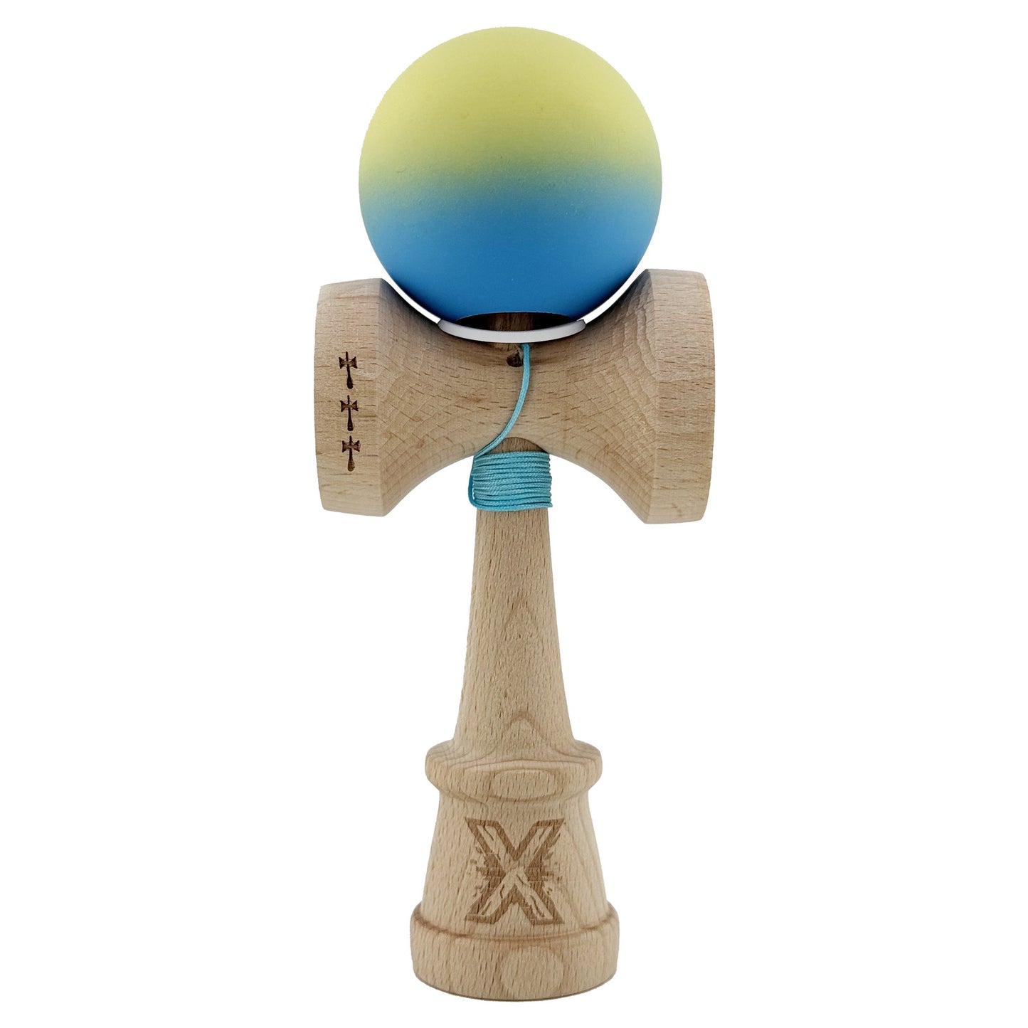 Kendama X Originala, Model V3 Galben / Albastru in Degrade, Profesionala, Cupe Mari King Size, Rubber Grip, Gaura in Baza, Rulment, Ata 62cm