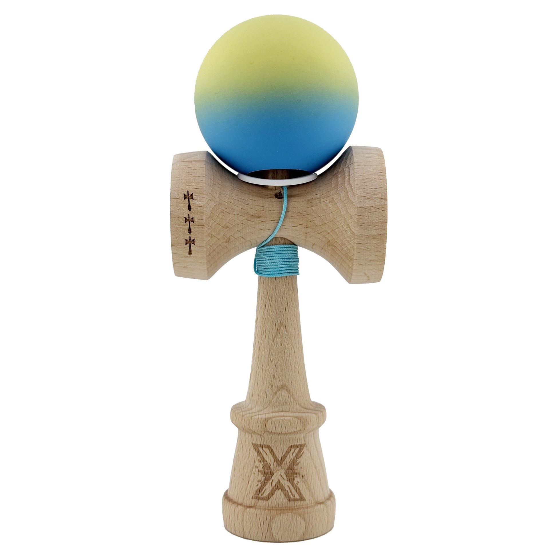 Kendama X Originala, Model V3 Galben / Albastru in Degrade, Profesionala, Cupe Mari King Size, Rubber Grip, Gaura in Baza, Rulment, Ata 62cm