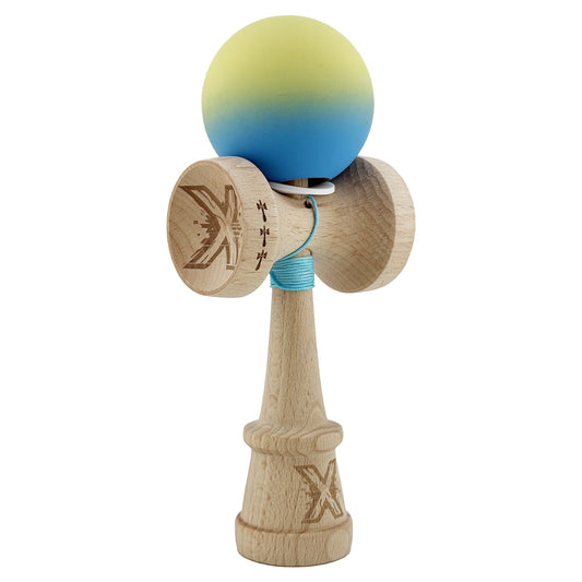 Kendama X Originala, Model V3 Galben / Albastru in Degrade, Profesionala, Cupe Mari King Size, Rubber Grip, Gaura in Baza, Rulment, Ata 62cm