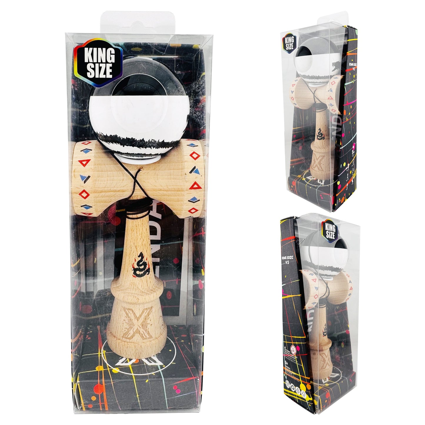 Kendama X Dragon Originala, Model V3 Alb / Negru, Profesionala, Cupe Mari King Size, Super Sticky, Gaura in Baza, Rulment, Ata 62cm