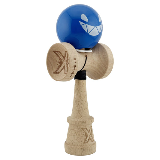 Kendama X Crazy Smile Originala, Model V3 Albastru, Profesionala, Cupe Mari King Size, Super Sticky, Gaura in Baza, Rulment, Ata 62cm