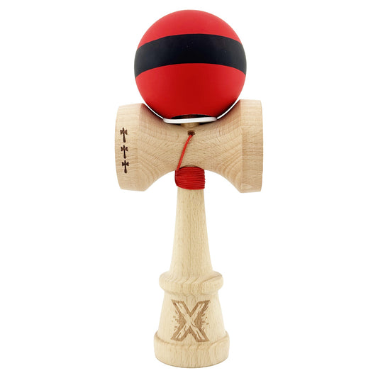 Kendama X Originala, Model V3 Rosu / Negru, Profesionala, Cupe Mari King Size, Rubber Grip, Gaura in Baza, Rulment, Ata 62cm