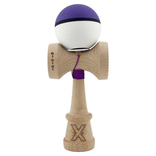 Kendama X Originala, Model V3 Mov / Negru / Alb, Profesionala, Cupe Mari King Size, Rubber Grip, Gaura in Baza, Rulment, Ata 62cm