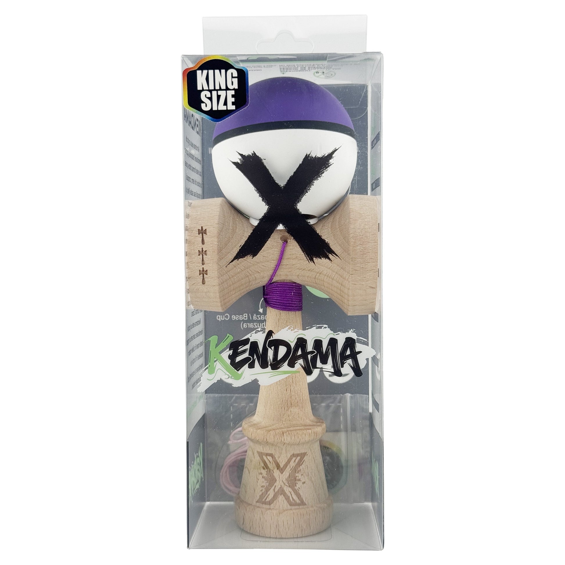 Kendama X Originala, Model V3 Mov / Negru / Alb, Profesionala, Cupe Mari King Size, Rubber Grip, Gaura in Baza, Rulment, Ata 62cm