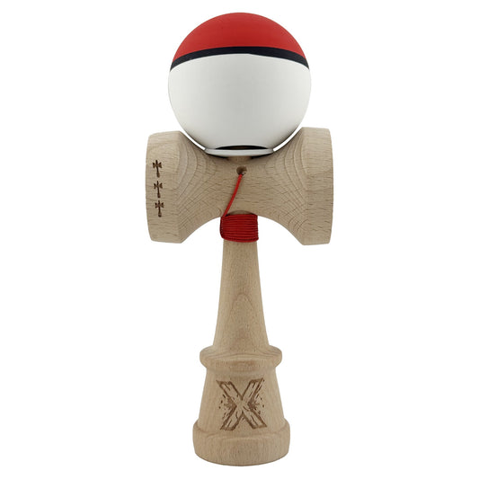 Kendama X Originala, Model V3 Rosu / Negru / Alb, Profesionala, Cupe Mari King Size, Rubber Grip, Gaura in Baza, Rulment, Ata 62cm