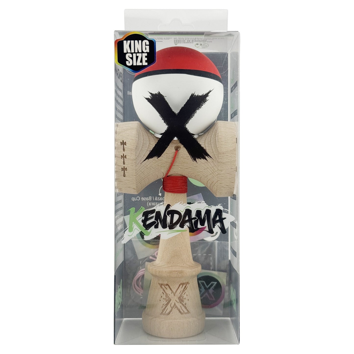 Kendama X Originala, Model V3 Rosu / Negru / Alb, Profesionala, Cupe Mari King Size, Rubber Grip, Gaura in Baza, Rulment, Ata 62cm