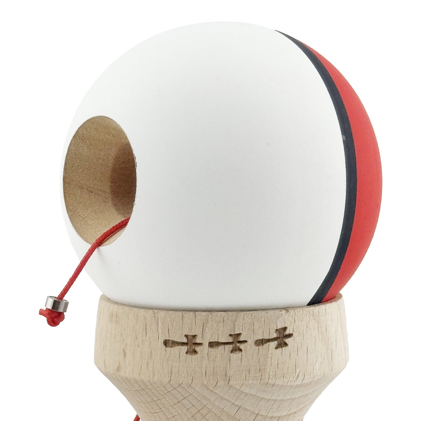 Kendama X Originala, Model V3 Rosu / Negru / Alb, Profesionala, Cupe Mari King Size, Rubber Grip, Gaura in Baza, Rulment, Ata 62cm