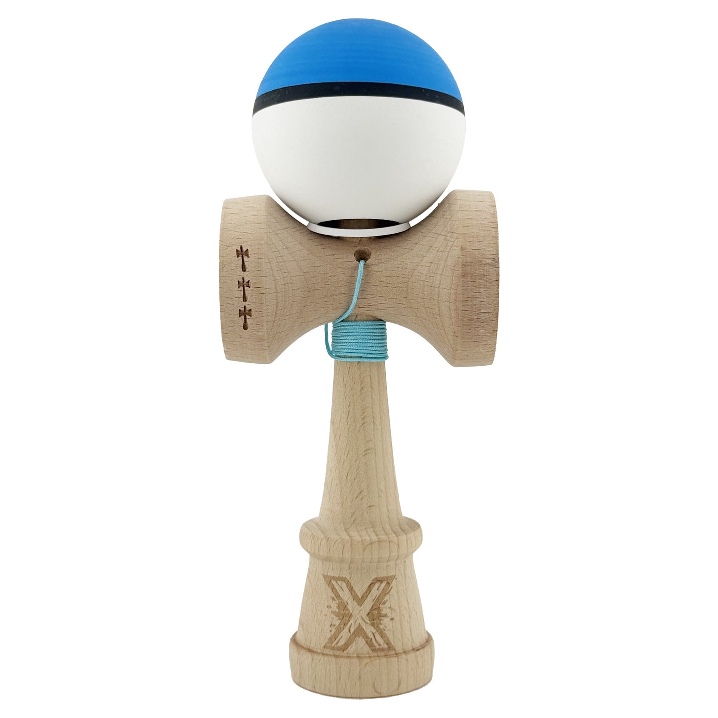 Kendama X Originala, Model V3 Albastru / Negru / Alb, Profesionala, Cupe Mari King Size, Rubber Grip, Gaura in Baza, Rulment, Ata 62cm