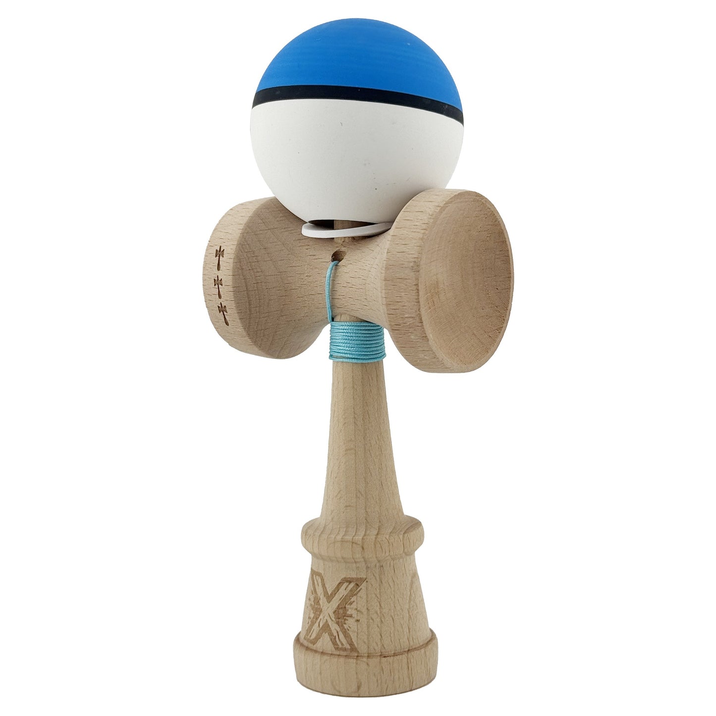 Kendama X Originala, Model V3 Albastru / Negru / Alb, Profesionala, Cupe Mari King Size, Rubber Grip, Gaura in Baza, Rulment, Ata 62cm