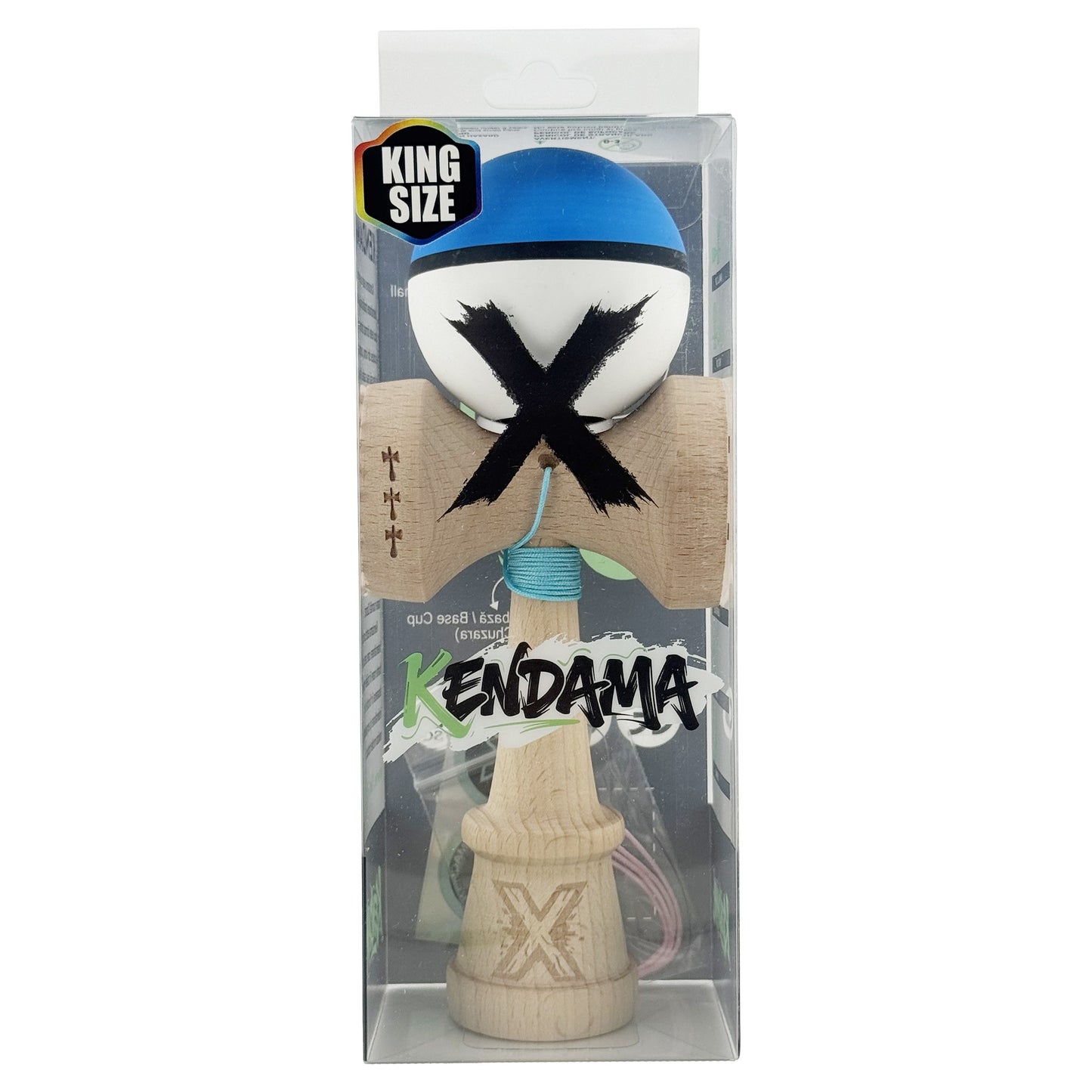 Kendama X Originala, Model V3 Albastru / Negru / Alb, Profesionala, Cupe Mari King Size, Rubber Grip, Gaura in Baza, Rulment, Ata 62cm