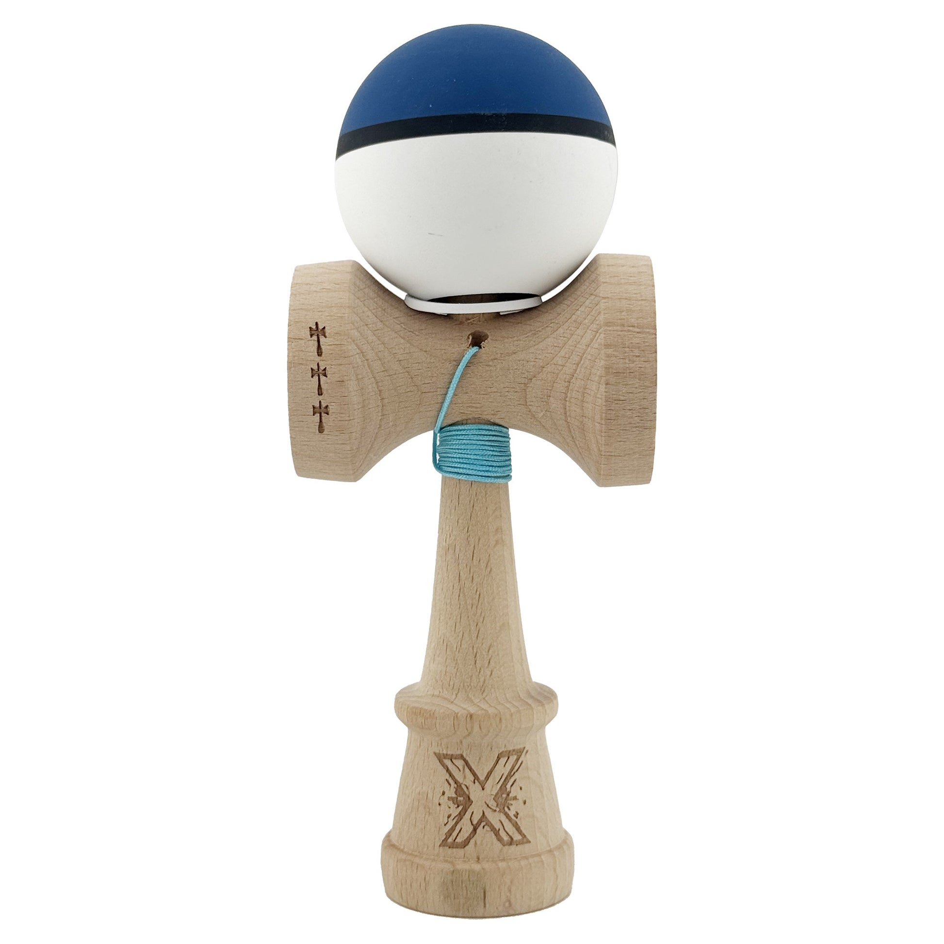 Kendama X Originala, Model V3 Albastru Inchis / Negru / Alb, Profesionala, Cupe Mari King Size, Rubber Grip, Gaura in Baza, Rulment, Ata 62cm