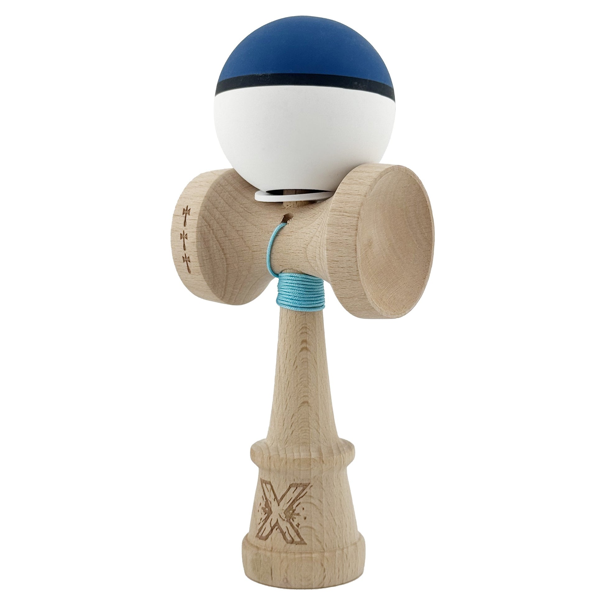 Kendama X Originala, Model V3 Albastru Inchis / Negru / Alb, Profesionala, Cupe Mari King Size, Rubber Grip, Gaura in Baza, Rulment, Ata 62cm