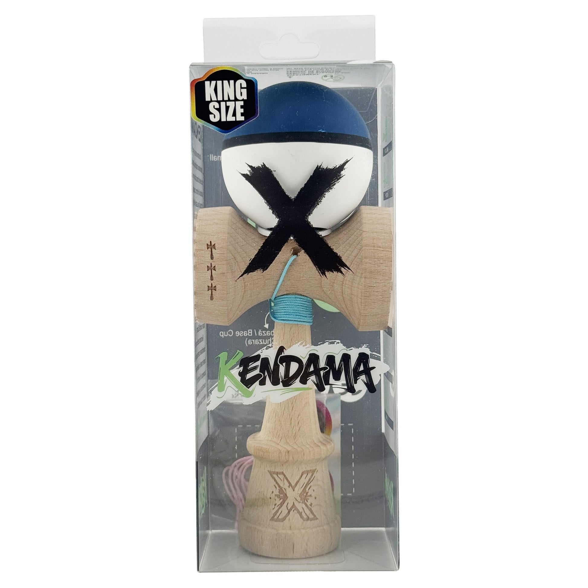 Kendama X Originala, Model V3 Albastru Inchis / Negru / Alb, Profesionala, Cupe Mari King Size, Rubber Grip, Gaura in Baza, Rulment, Ata 62cm