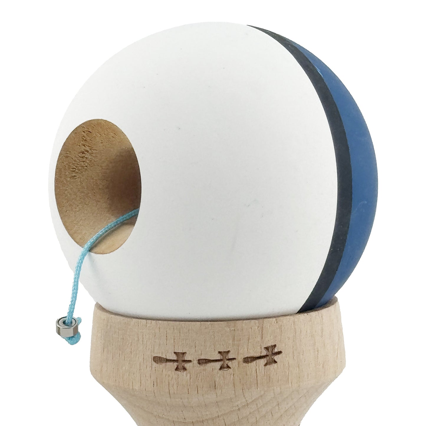 Kendama X Originala, Model V3 Albastru Inchis / Negru / Alb, Profesionala, Cupe Mari King Size, Rubber Grip, Gaura in Baza, Rulment, Ata 62cm