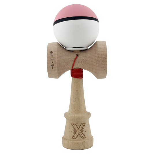 Kendama X Originala, Model V3 Roz / Negru / Alb, Profesionala, Cupe Mari King Size, Rubber Grip, Gaura in Baza, Rulment, Ata 62cm