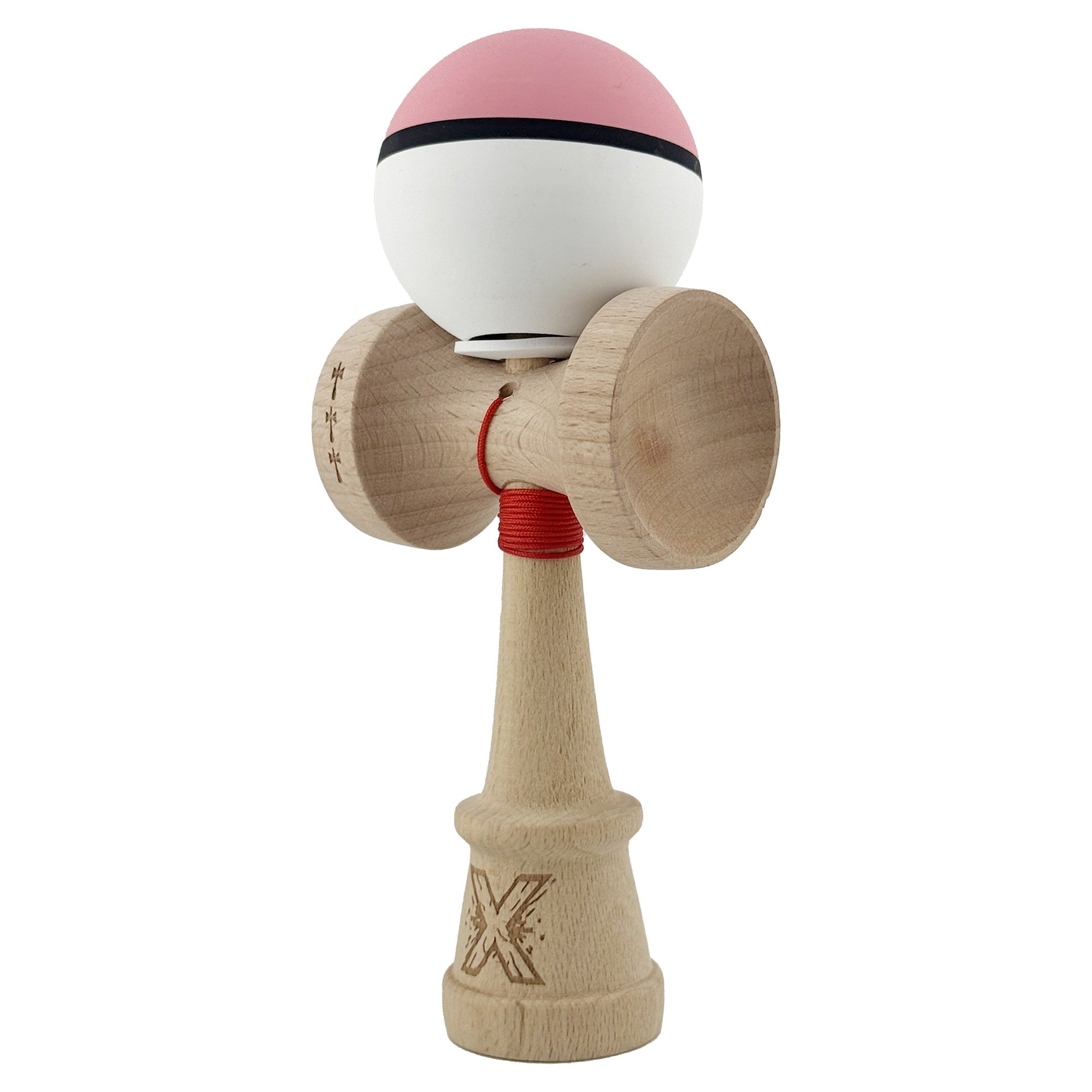 Kendama X Originala, Model V3 Roz / Negru / Alb, Profesionala, Cupe Mari King Size, Rubber Grip, Gaura in Baza, Rulment, Ata 62cm