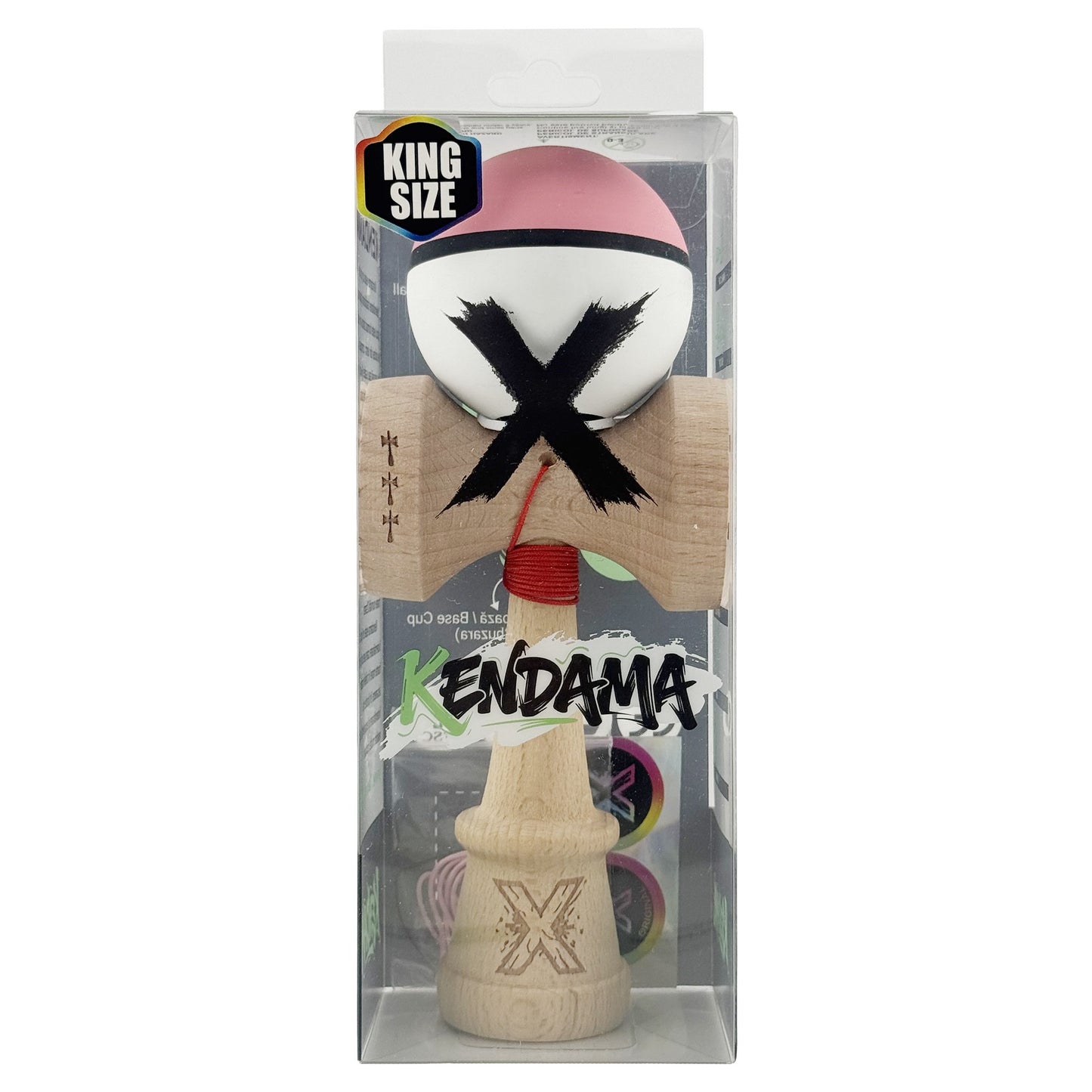 Kendama X Originala, Model V3 Roz / Negru / Alb, Profesionala, Cupe Mari King Size, Rubber Grip, Gaura in Baza, Rulment, Ata 62cm
