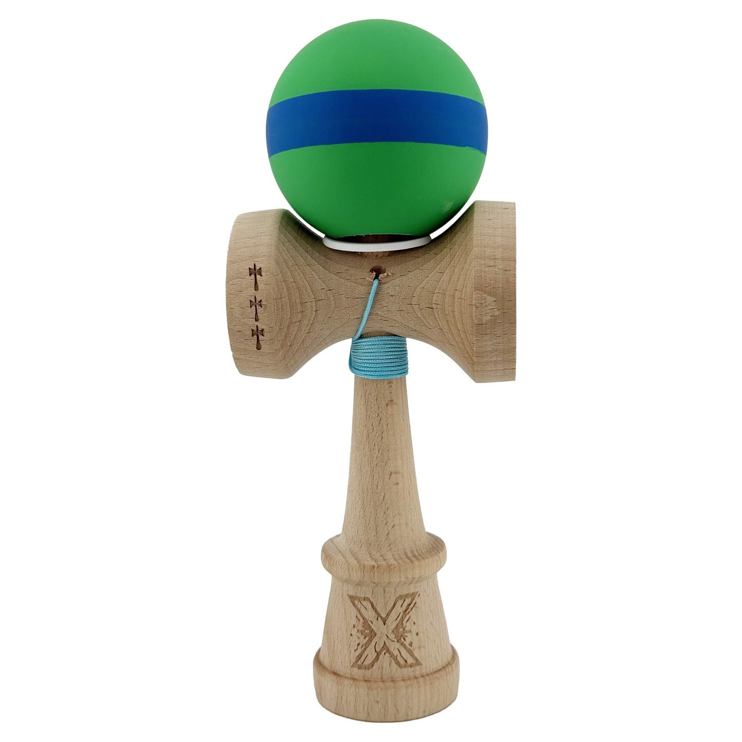 Kendama X Originala, Model V3 Verde / Albastru / Verde, Profesionala, Cupe Mari King Size, Rubber Grip, Gaura in Baza, Rulment, Ata 62cm