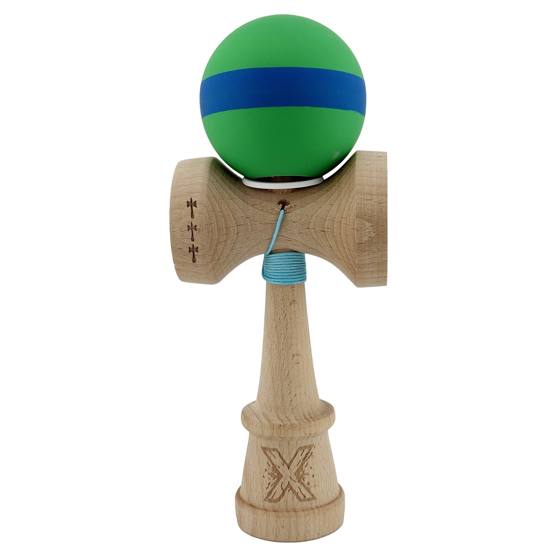 Kendama X Originala, Model V3 Verde / Albastru / Verde, Profesionala, Cupe Mari King Size, Rubber Grip, Gaura in Baza, Rulment, Ata 62cm