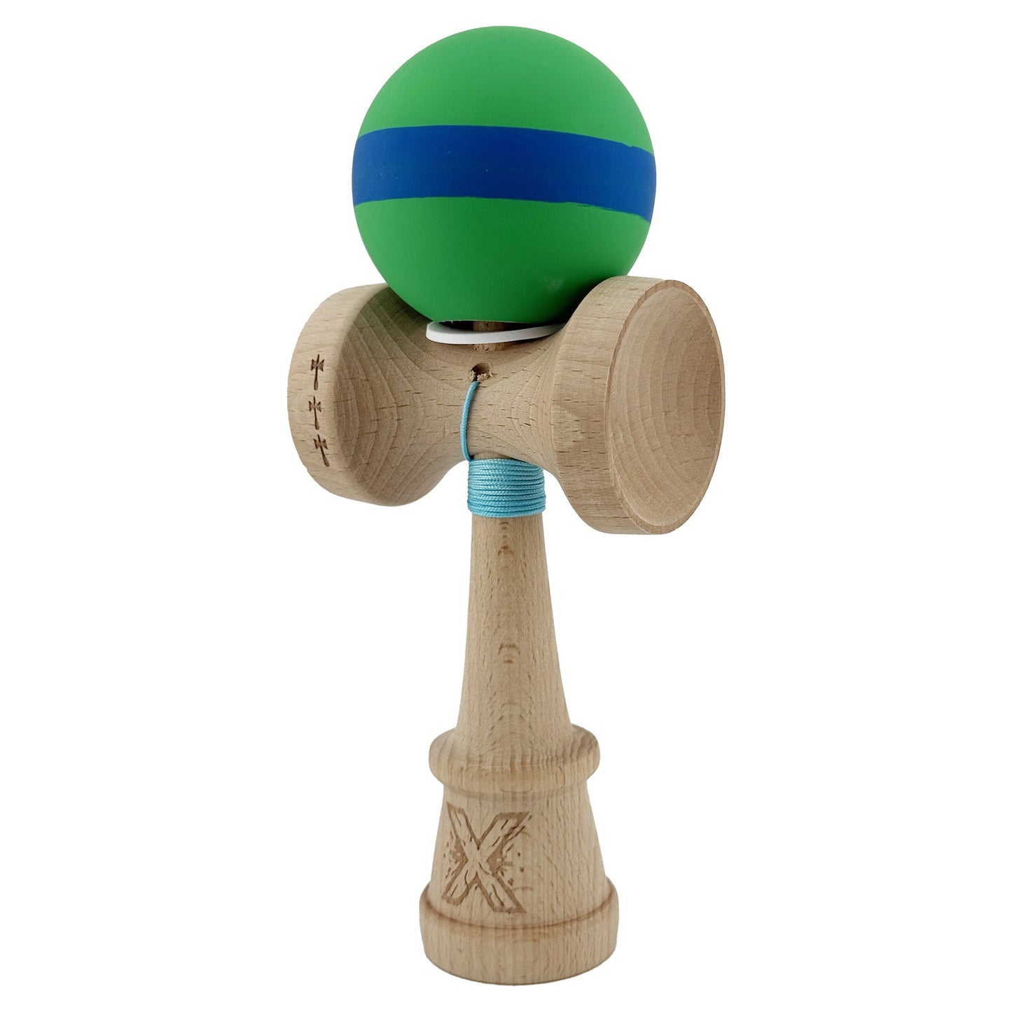 Kendama X Originala, Model V3 Verde / Albastru / Verde, Profesionala, Cupe Mari King Size, Rubber Grip, Gaura in Baza, Rulment, Ata 62cm