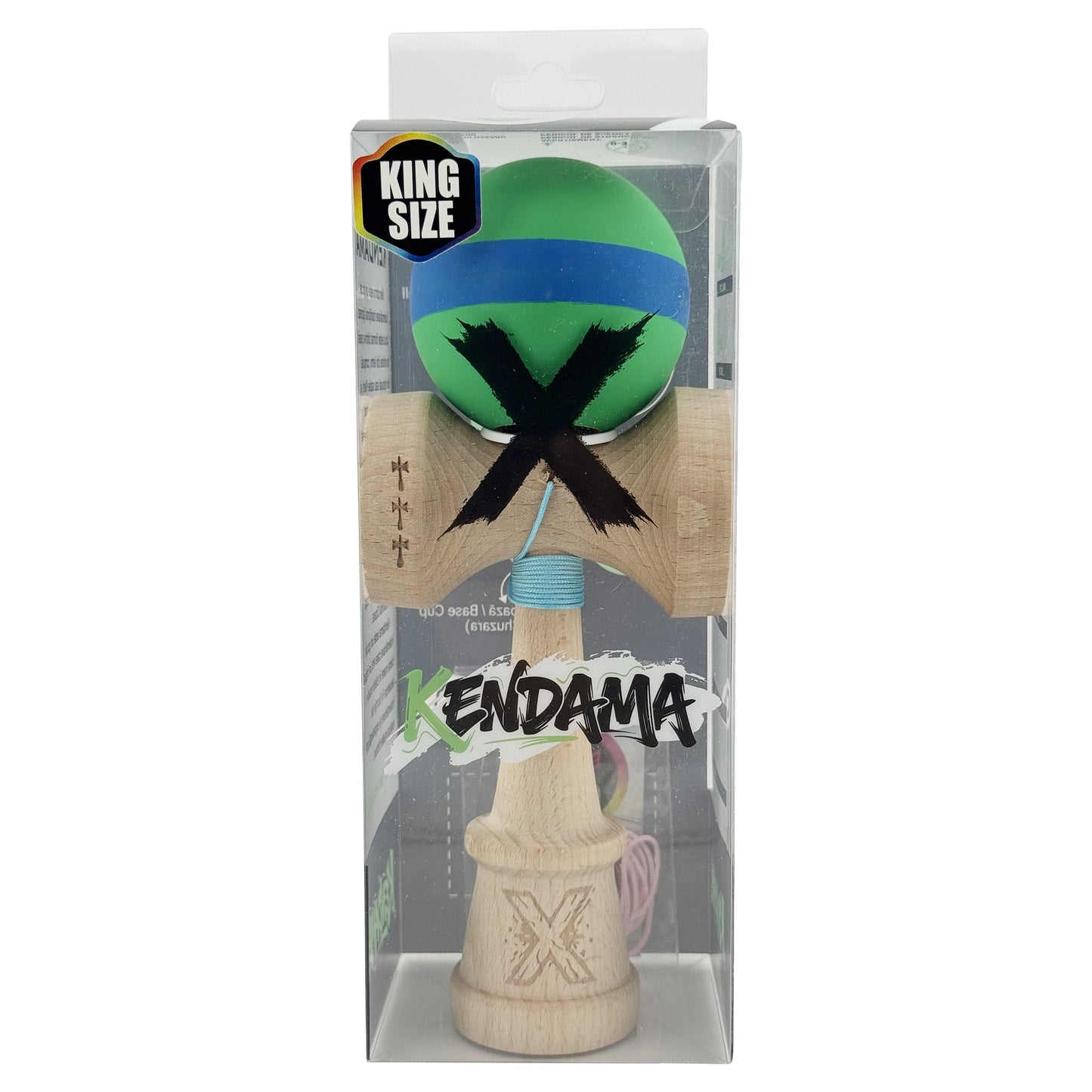 Kendama X Originala, Model V3 Verde / Albastru / Verde, Profesionala, Cupe Mari King Size, Rubber Grip, Gaura in Baza, Rulment, Ata 62cm
