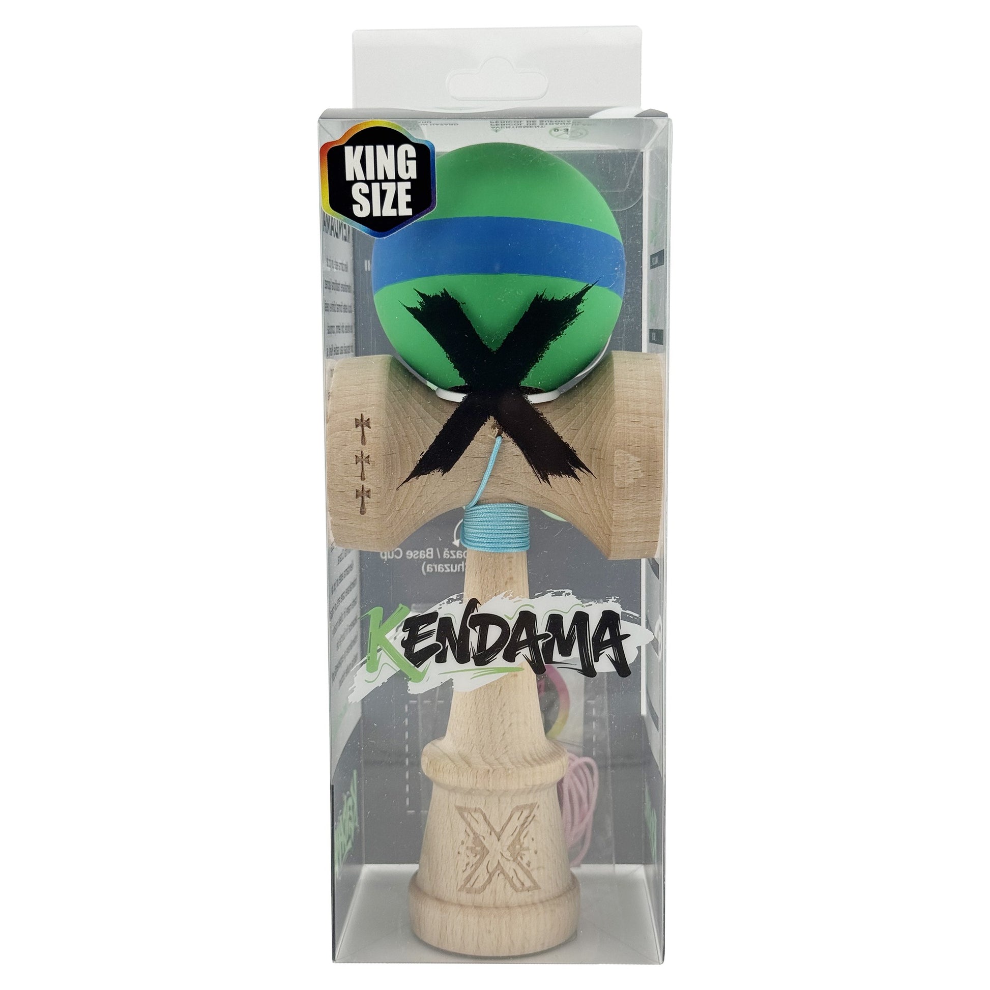 Kendama X Originala, Model V3 Verde / Albastru / Verde, Profesionala, Cupe Mari King Size, Rubber Grip, Gaura in Baza, Rulment, Ata 62cm