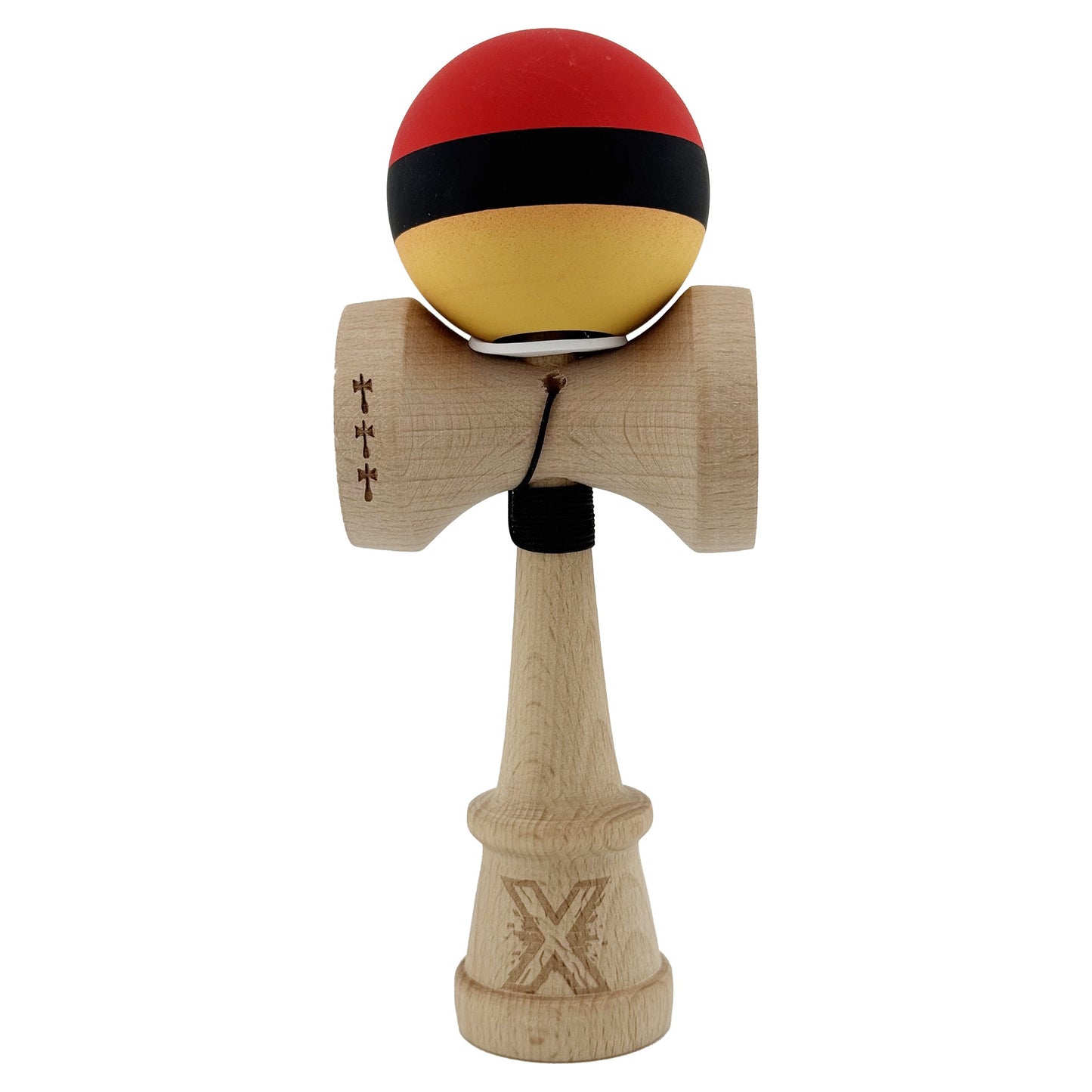 Kendama X Originala, Model V3 Rosu / Negru / Galben, Profesionala, Cupe Mari King Size, Rubber Grip, Gaura in Baza, Rulment, Ata 62cm