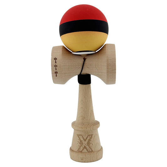 Kendama X Originala, Model V3 Rosu / Negru / Galben, Profesionala, Cupe Mari King Size, Rubber Grip, Gaura in Baza, Rulment, Ata 62cm