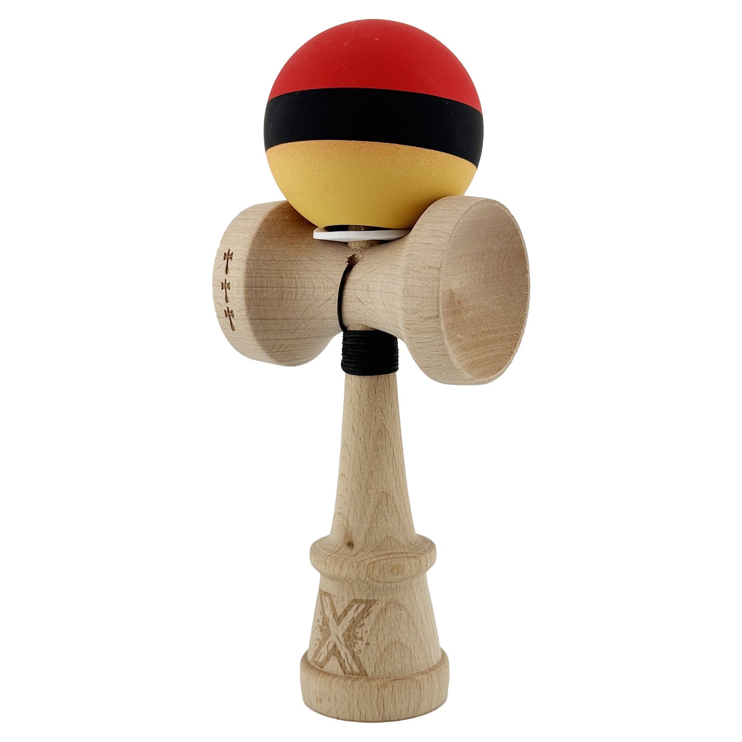 Kendama X Originala, Model V3 Rosu / Negru / Galben, Profesionala, Cupe Mari King Size, Rubber Grip, Gaura in Baza, Rulment, Ata 62cm