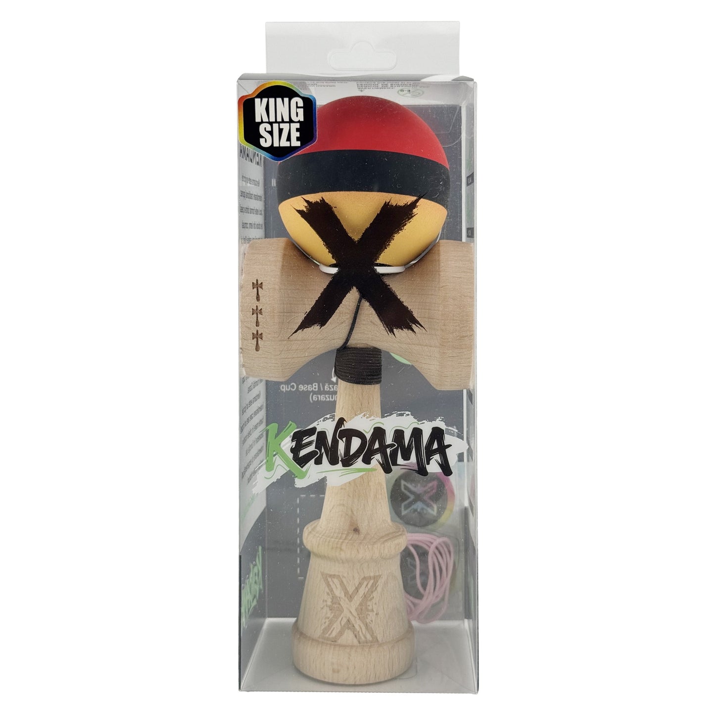 Kendama X Originala, Model V3 Rosu / Negru / Galben, Profesionala, Cupe Mari King Size, Rubber Grip, Gaura in Baza, Rulment, Ata 62cm