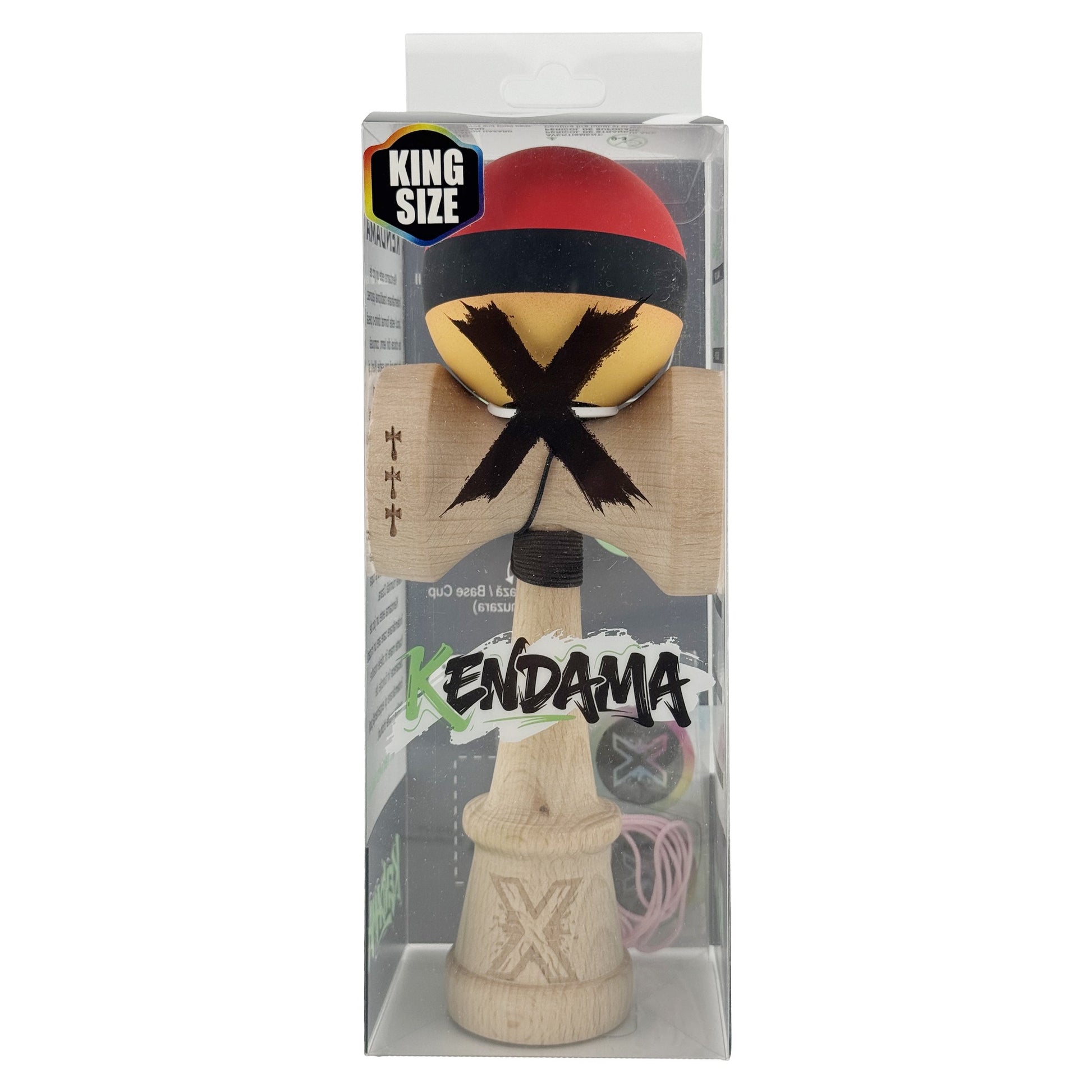 Kendama X Originala, Model V3 Rosu / Negru / Galben, Profesionala, Cupe Mari King Size, Rubber Grip, Gaura in Baza, Rulment, Ata 62cm