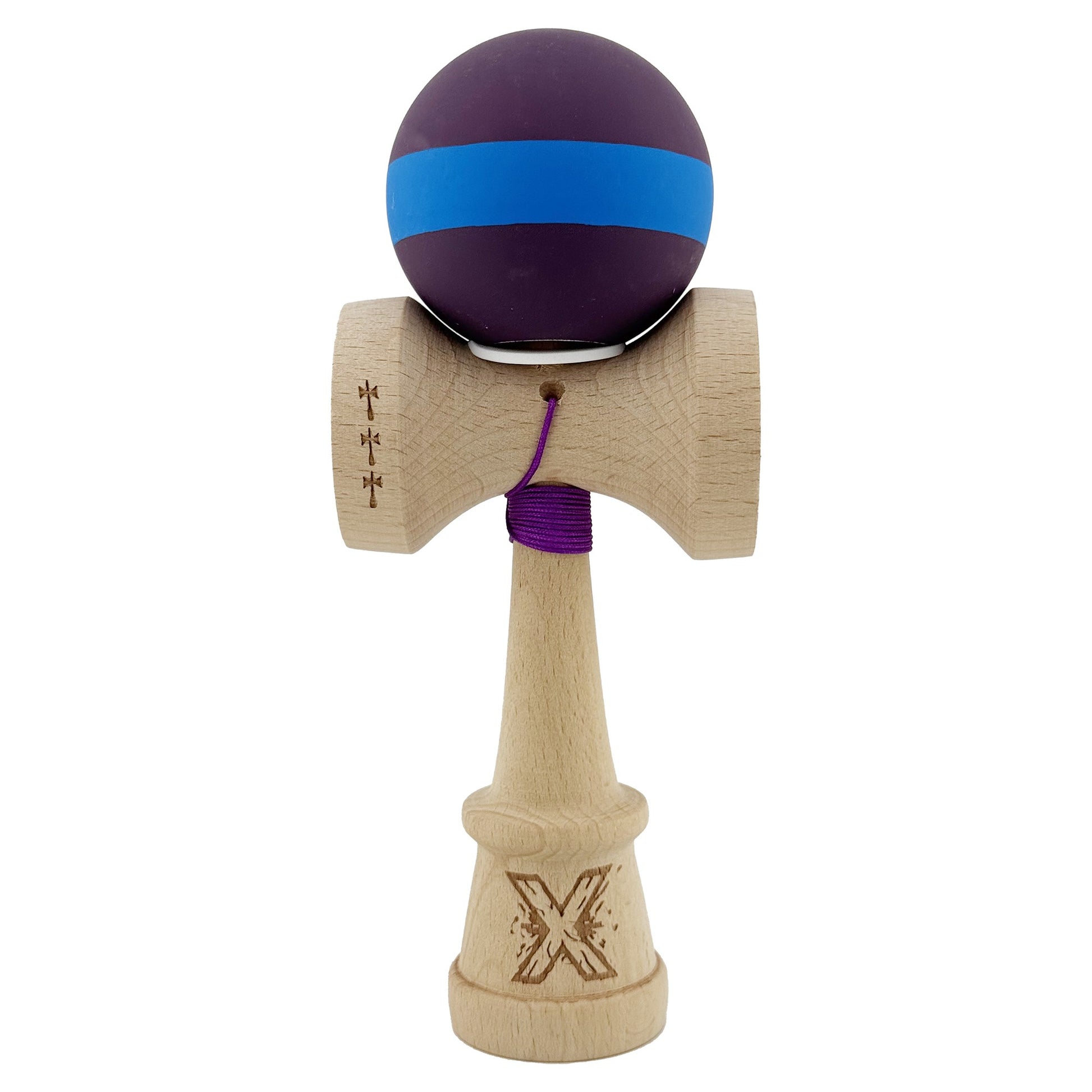 Kendama X Originala, Model V3 Mov / Albastru / Mov, Profesionala, Cupe Mari King Size, Rubber Grip, Gaura in Baza, Rulment, Ata 62cm