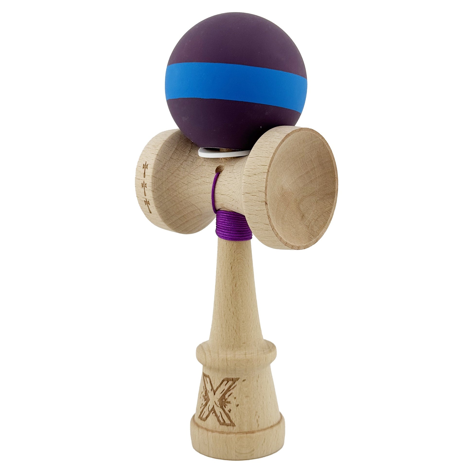 Kendama X Originala, Model V3 Mov / Albastru / Mov, Profesionala, Cupe Mari King Size, Rubber Grip, Gaura in Baza, Rulment, Ata 62cm