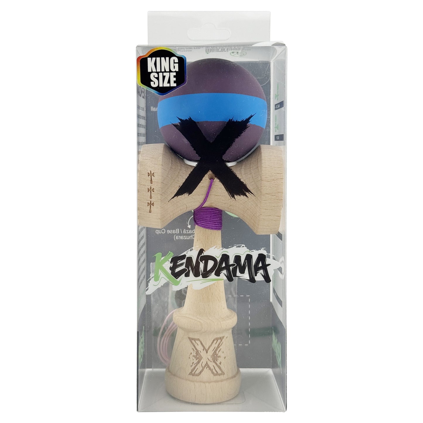 Kendama X Originala, Model V3 Mov / Albastru / Mov, Profesionala, Cupe Mari King Size, Rubber Grip, Gaura in Baza, Rulment, Ata 62cm