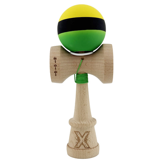 Kendama X Originala, Model V3 Galben / Negru / Verde, Profesionala, Cupe Mari King Size, Rubber Grip, Gaura in Baza, Rulment, Ata 62cm