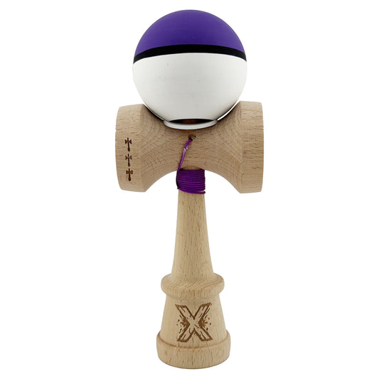 Kendama X Originala, Model V3 Violet / Negru / Alb, Profesionala, Cupe Mari King Size, Rubber Grip, Gaura in Baza, Rulment, Ata 62cm
