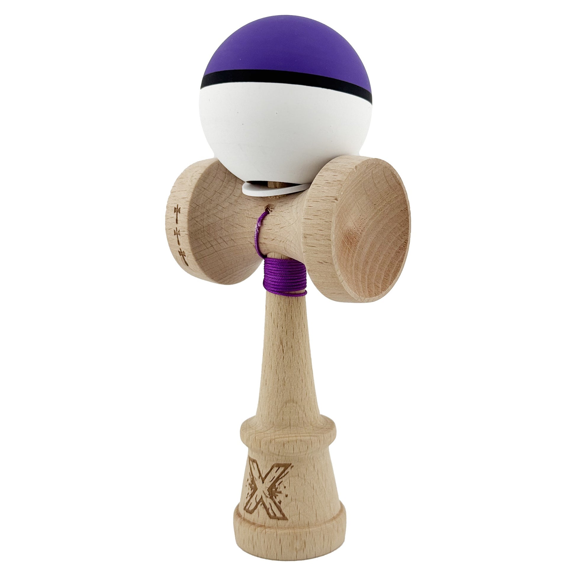 Kendama X Originala, Model V3 Violet / Negru / Alb, Profesionala, Cupe Mari King Size, Rubber Grip, Gaura in Baza, Rulment, Ata 62cm