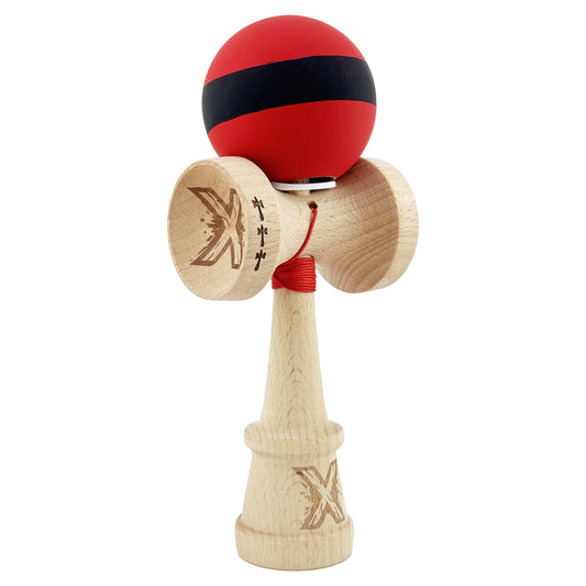 Kendama X Originala, Model V3 Rosu / Negru, Profesionala, Cupe Mari King Size, Rubber Grip, Gaura in Baza, Rulment, Ata 62cm