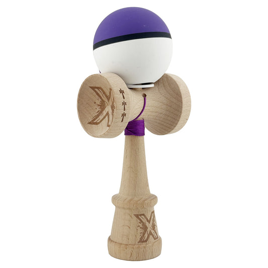 Kendama X Originala, Model V3 Mov / Negru / Alb, Profesionala, Cupe Mari King Size, Rubber Grip, Gaura in Baza, Rulment, Ata 62cm