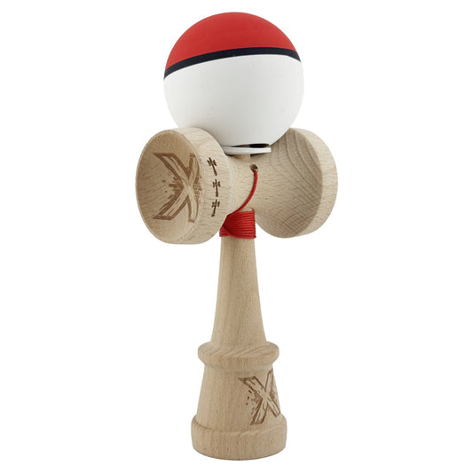 Kendama X Originala, Model V3 Rosu / Negru / Alb, Profesionala, Cupe Mari King Size, Rubber Grip, Gaura in Baza, Rulment, Ata 62cm